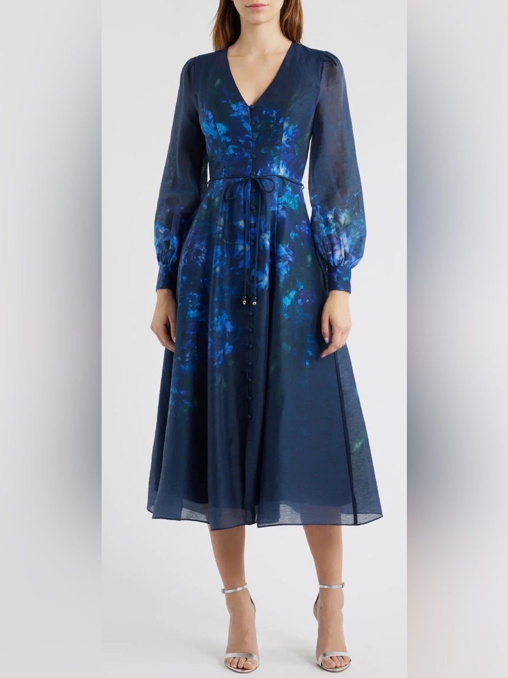 NEW EVER NEW Kahlani Floral Print Navy Long Sleeve Midi Dress sz 12